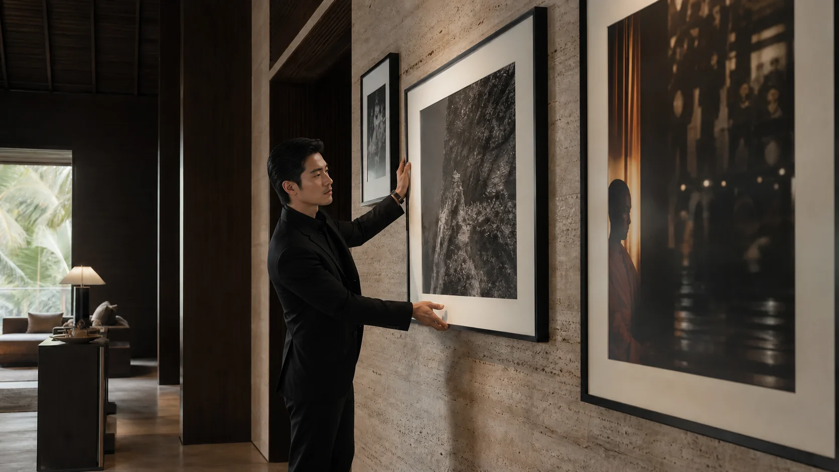 A creative director in their thirties curating cinematic work in a private salon