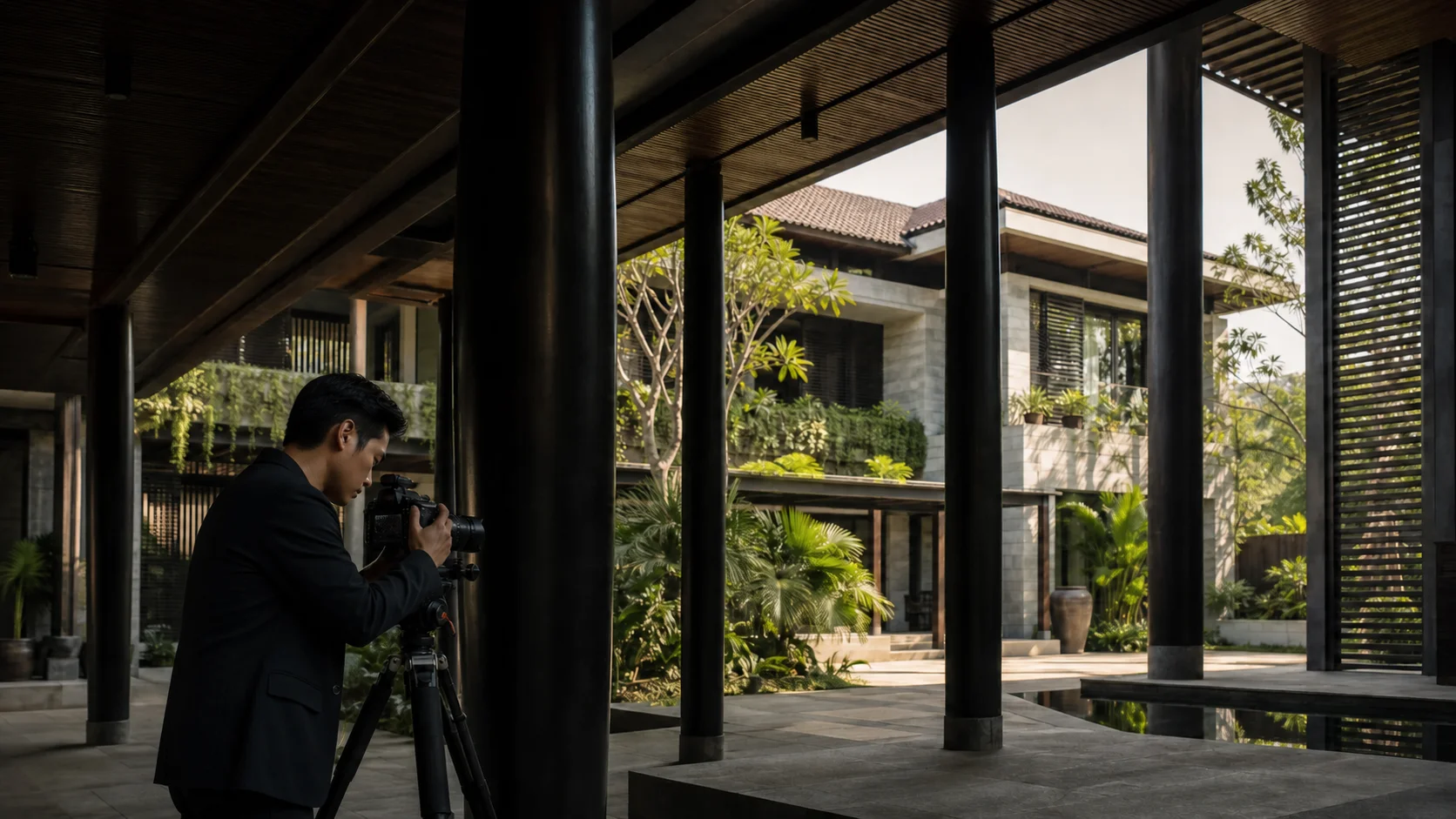 A filmmaker in their twenties composing through tropical-modern architecture
